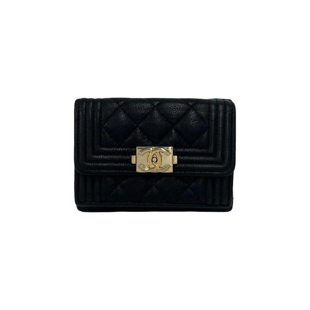 CHANEL Boy Chanel Coco Mark Caviar Skin Tri-fold Wallet Black 70189